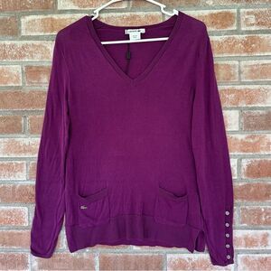 Lacoste V Neck Cotton Sweater Women’s EU 34 Small Purple Pockets Buttons